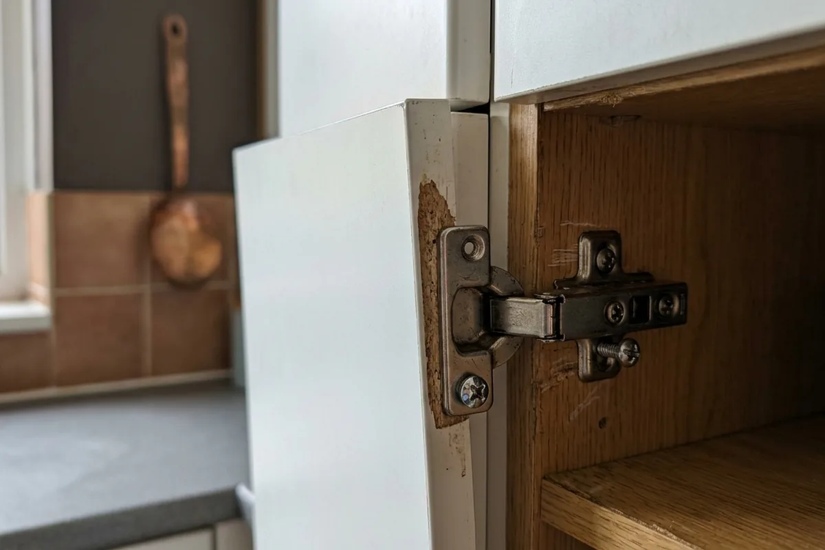 Why kitchen cupboard doors start hanging unevenly and the first screw to check