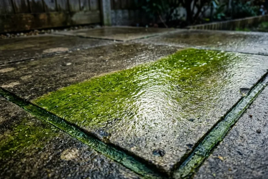 Why patio slabs turn green after rain and what makes it worse